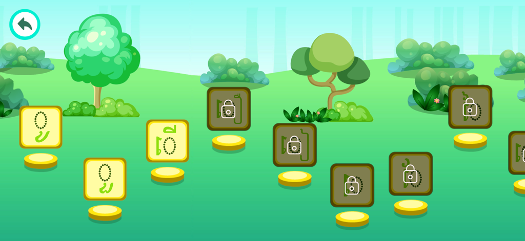 Un mapa interactivo del juego que muestra niveles desbloqueados y bloqueados para aprender los caracteres del alfabeto Khmer