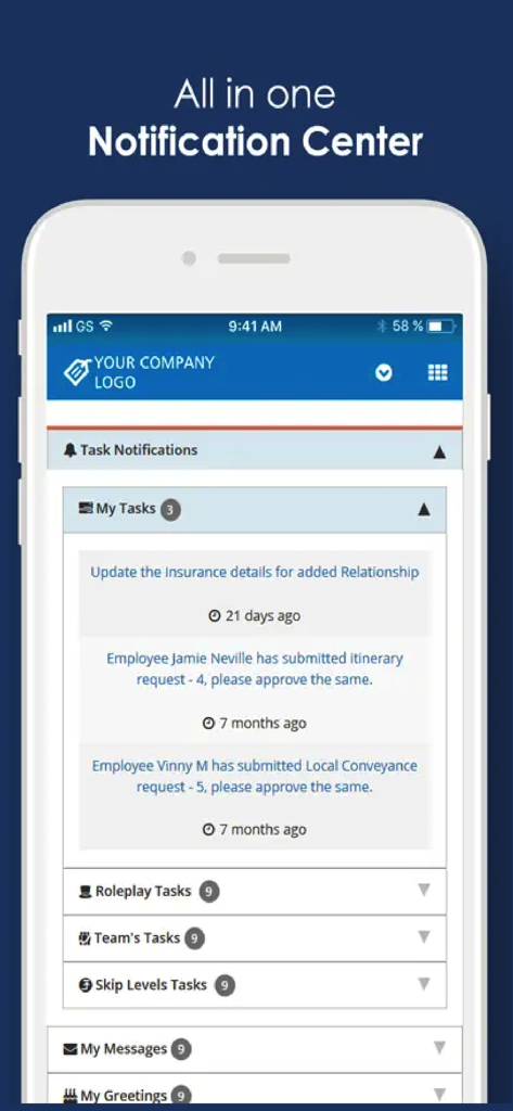 Workline - Workline app notification center showing HR tasks and approval requests