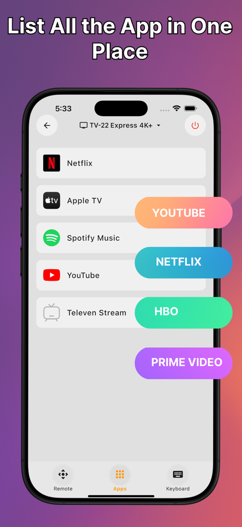 Android TV Remote Control. - Interfaz de iPhone mostrando una lista de aplicaciones de streaming como Netflix y YouTube para controlar en Android TV