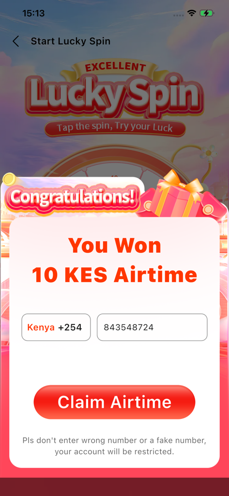 HappySell - Interfaz de la aplicación HappySell que muestra una pantalla de recompensa Lucky Spin con una ganancia de 10 KES de tiempo aire para distribuidores kenianos