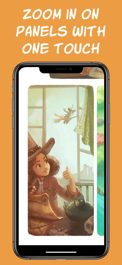 Smart Comic Reader - Una pantalla de iPhone mostrando una viñeta de cómic ampliada utilizando la función de la aplicación Lector Inteligente de Cómics