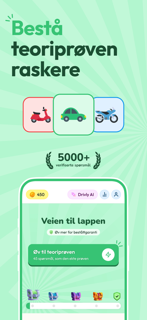 Drivly: Pass your permit test - Pantalla de inicio de la aplicación Drivly que muestra categorías de examen de teoría de conducción y ruta de progreso gamificada