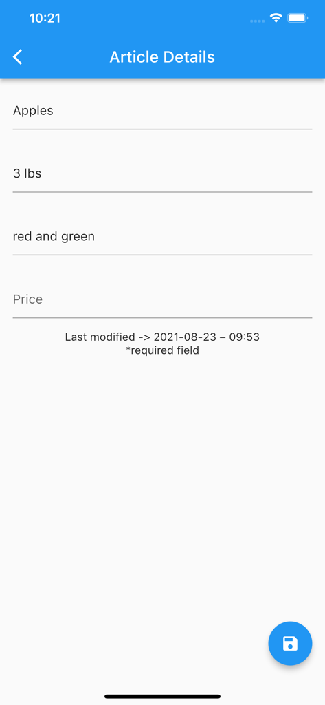 Tela do aplicativo de inventário exibindo detalhes de artigos para maçãs, incluindo quantidade e notas.