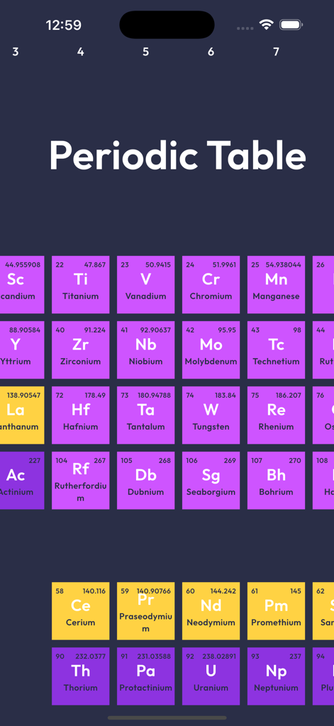 Perodic Table - Une capture d'écran de l'application Tableau Périodique affichant une grille d'éléments chimiques avec leurs symboles et noms sur un fond sombre.