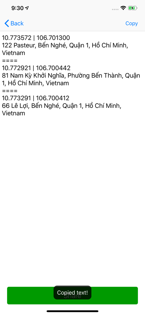 Lista de coordenadas GPS y direcciones en texto plano lista para compartir
