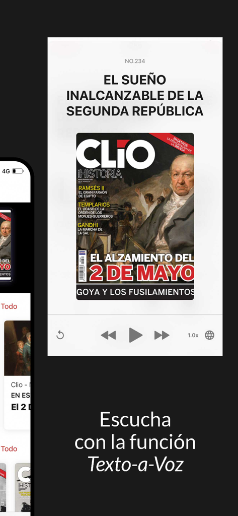 Clio - Clio history magazine app interface showing text to speech playback controls