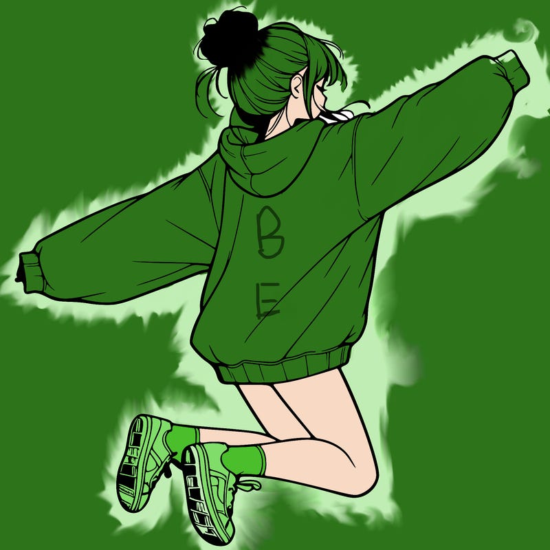 realistic girl jumping with a bun and oversized sweatshirt