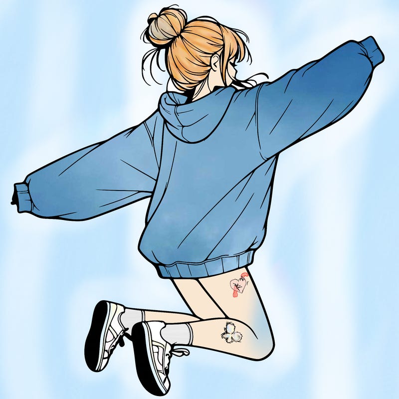 realistic girl jumping with a bun and oversized sweatshirt