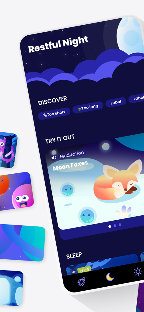 Aumio: Sleep Sounds & Stories - Aumio app interface showing a restful night sleep meditation featuring a sleeping moon fox illustration