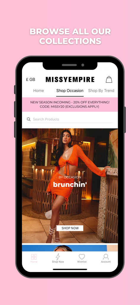 O aplicativo móvel MISSYEMPIRE mostrando a categoria de coleção 'brunchin' com um banner de desconto