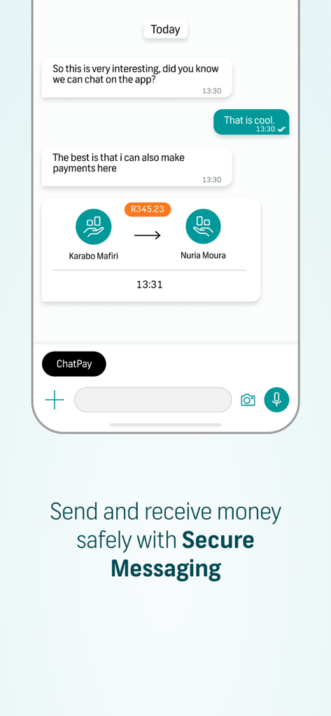 Interface do FNB Banking App exibindo o recurso Chat Pay em uma janela de mensagens segura para transferências de dinheiro entre pares.