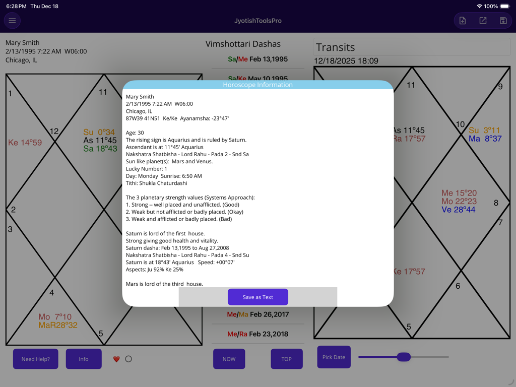 Horoscope information report and Vedic astrology chart on iPad