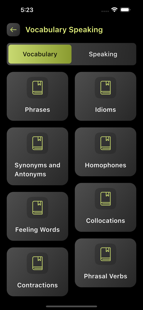 English Grammar Book - English grammar app screen showing vocabulary categories like idioms phrases and phrasal verbs