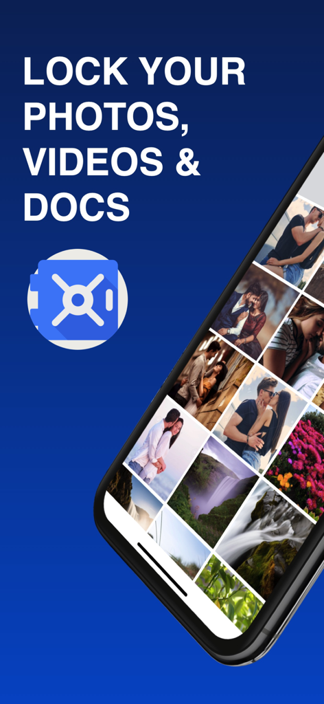 Vault : Lock Photos & Videos - iPhone displaying the Vault app interface with a private photo gallery and a secure safe icon on a blue background