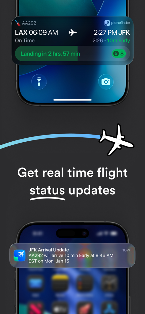 Atualizações de status de voo em tempo real e notificações de chegada exibidas no aplicativo Plane Finder.