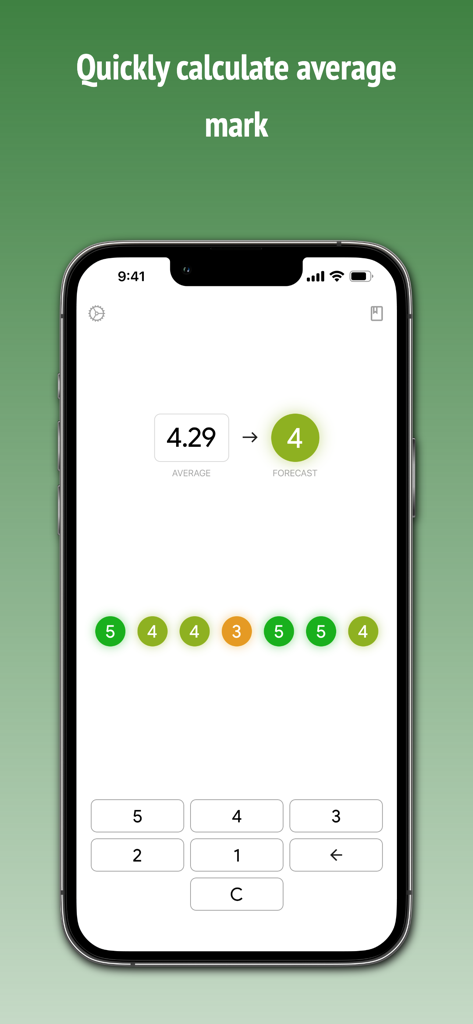 Want mark! - Interfaz de la app ¡Quiero mi nota! en iPhone mostrando un promedio de calificación de 4.29 y la nota predicha