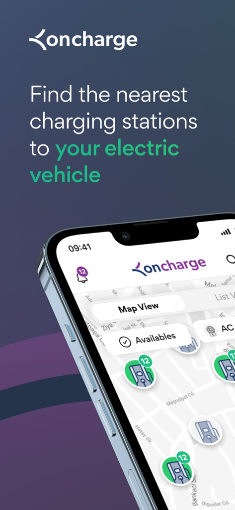 oncharge – EV charging station - Smartphone displaying a map interface for finding nearby electric vehicle charging stations in the oncharge app