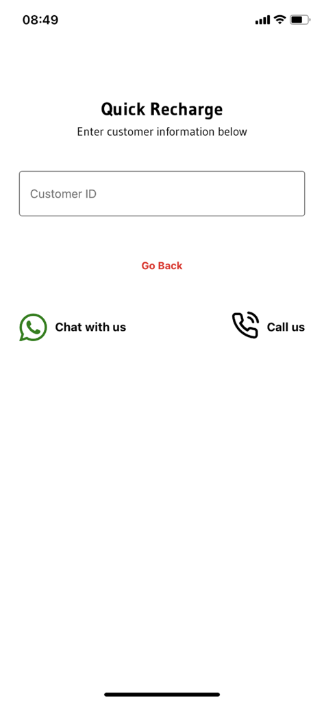Bildschirm Schnelles Aufladen in MySWIFTApp mit Eingabefeld für Kunden-ID und Kontaktoptionen für WhatsApp und Telefon-Support.