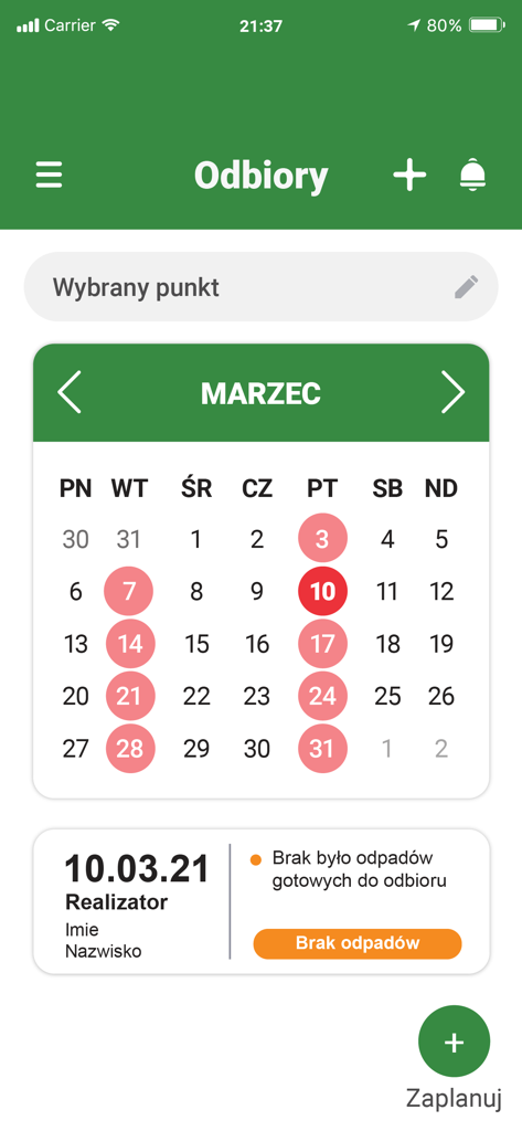 EMKA Oil - EMKA Oil app pickup schedule calendar showing scheduled collection dates and status.