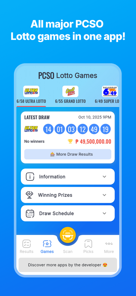 Daily PCSO Lotto Results - Schermata dell'app Risultati Lotto PCSO Giornalieri che mostra i numeri vincenti e il jackpot dell'Ultra Lotto 6/58.