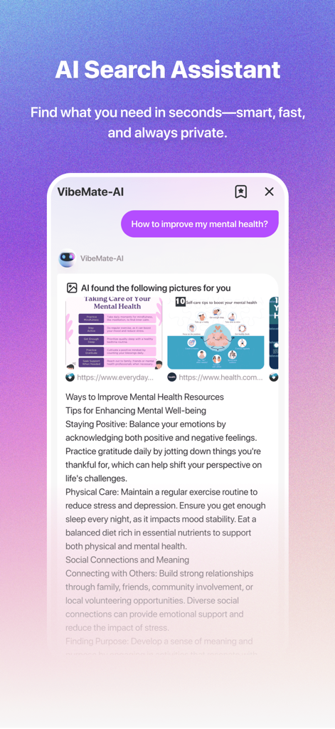VibeMate - VibeMate AI Search Assistant interface showing private search results for mental health tips