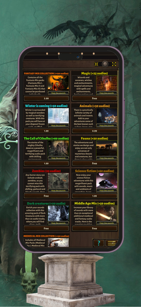 RPG Master Sounds Mixer - ファンタジー、マジック、クトゥルフのようなRPGテーマのオーディオパックのコレクションを表示するインターフェース。