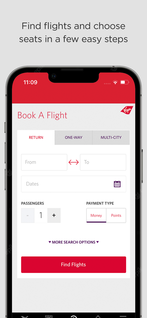 Virgin Atlantic mobile app screen showing flight search and booking interface
