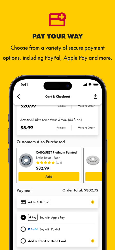 Advance Auto Parts + Tools/Acc - Advance Auto Parts app checkout screen showing multiple secure payment options
