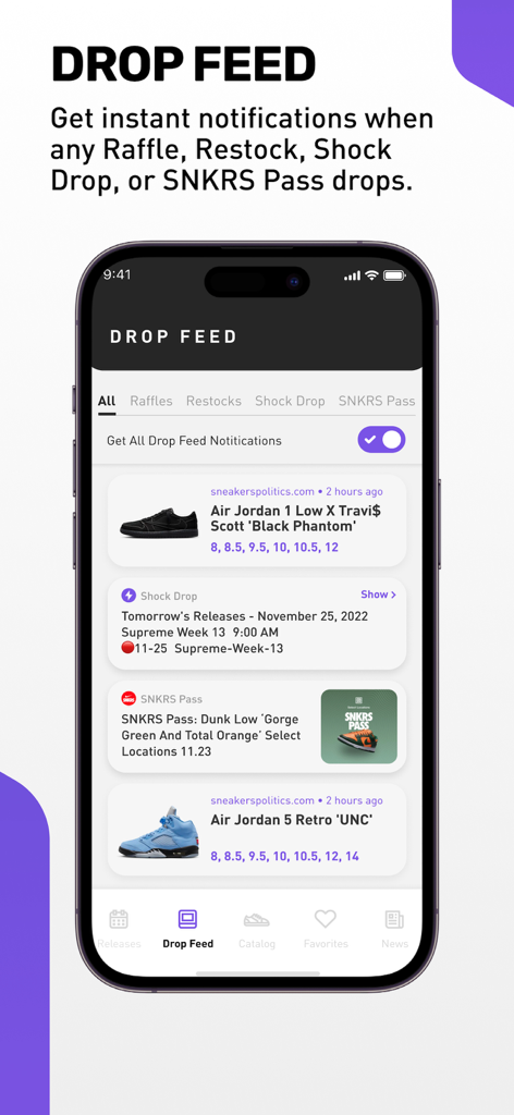 Sneaker Crush app drop feed interface showing sneaker release notifications and raffle alerts