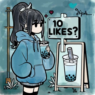 girl with oversized hoodie drinking boba and she has a high ponytail with a sign that says 10likes?