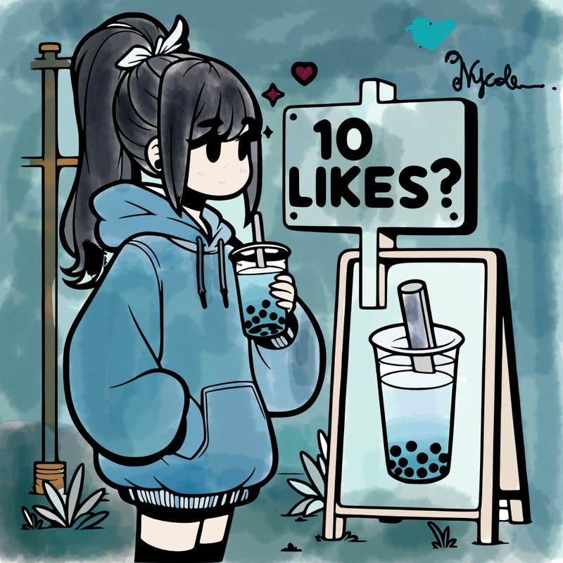 girl with oversized hoodie drinking boba and she has a high ponytail with a sign that says 10likes?