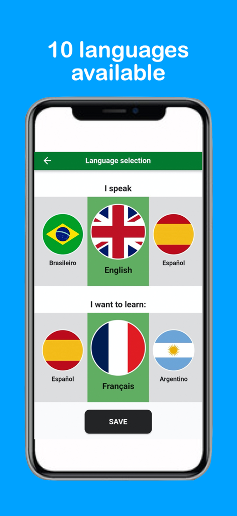 KickOff United - 様々な国旗が表示されたKickOff Unitedアプリの言語選択画面。