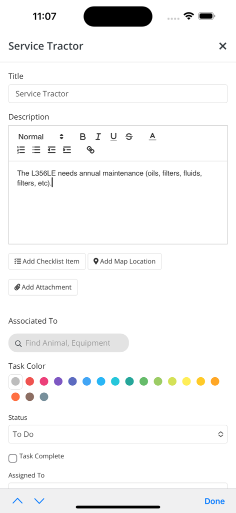 Farmbrite app interface for creating a tractor maintenance service task with scheduling and assignment options