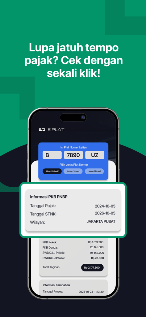 E Plat: Cek Pajak Kendaraan - E Plat app interface for checking vehicle tax with an Indonesian license plate input and tax status results.