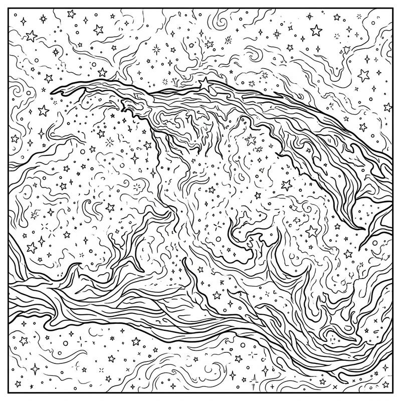 Immerse yourself in the breathtaking beauty of the Veil Nebula with this specially designed coloring page. Its clear, intricate lines offer a serene and stimulating creative experience for seniors.