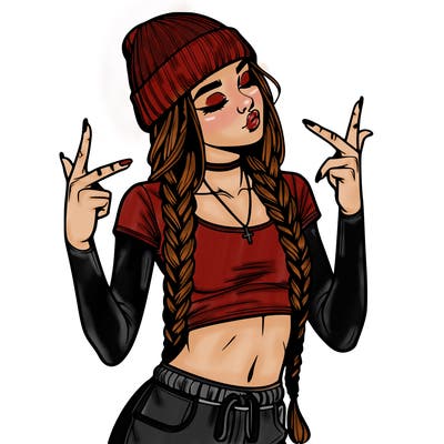 realistic teenage girl with braids and a beanie and crop top doing 🫶🏼