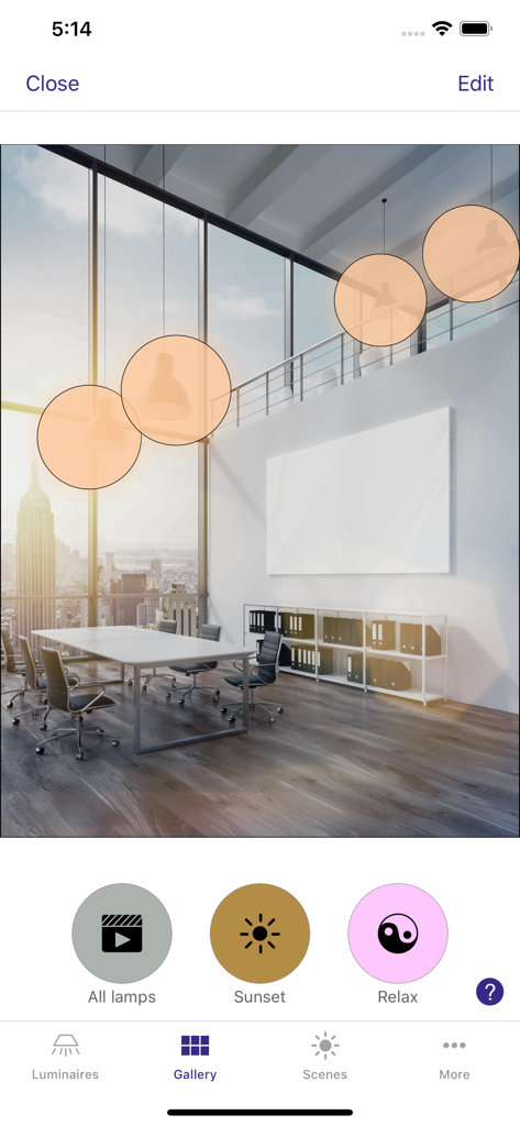 4remote BT - Vista de galería de la aplicación 4remote BT que muestra la selección interactiva de luces sobre una foto de oficina profesional
