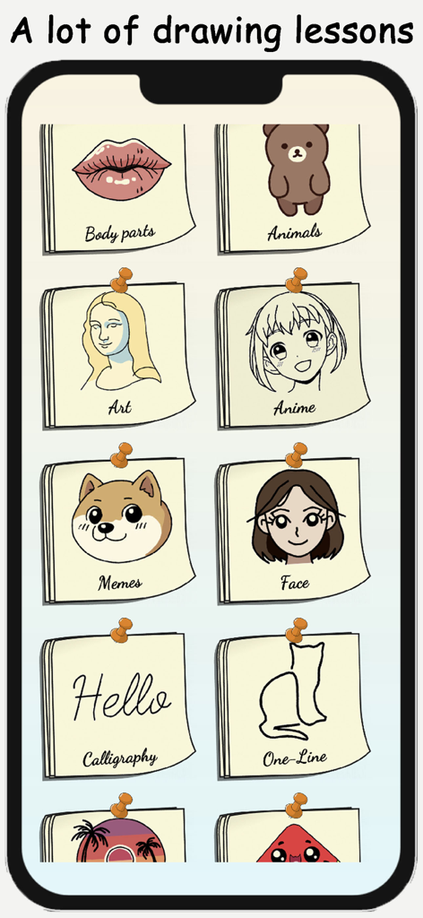 ArtLoop: Ar Drawing Lessons - A screen showing various drawing lesson categories like Anime, Memes, and Calligraphy in the ArtLoop app.