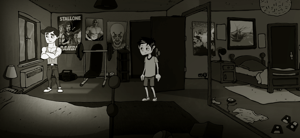 Una escena de dormitorio monocromática en el juego Desire que presenta al protagonista y un personaje musculoso frente a pósteres