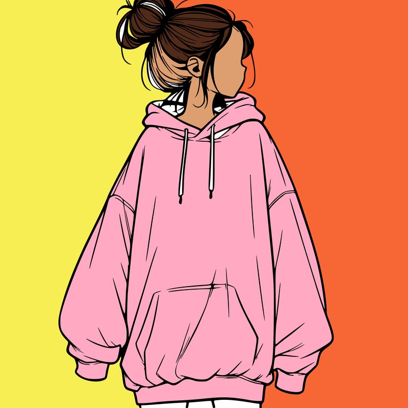 realistic girl with a oversized sweatshirt on and a bun