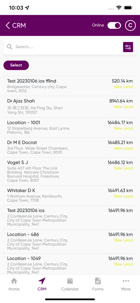 XpRep CRM - XpRep CRM mobile app interface showing a list of sales leads with addresses and distances