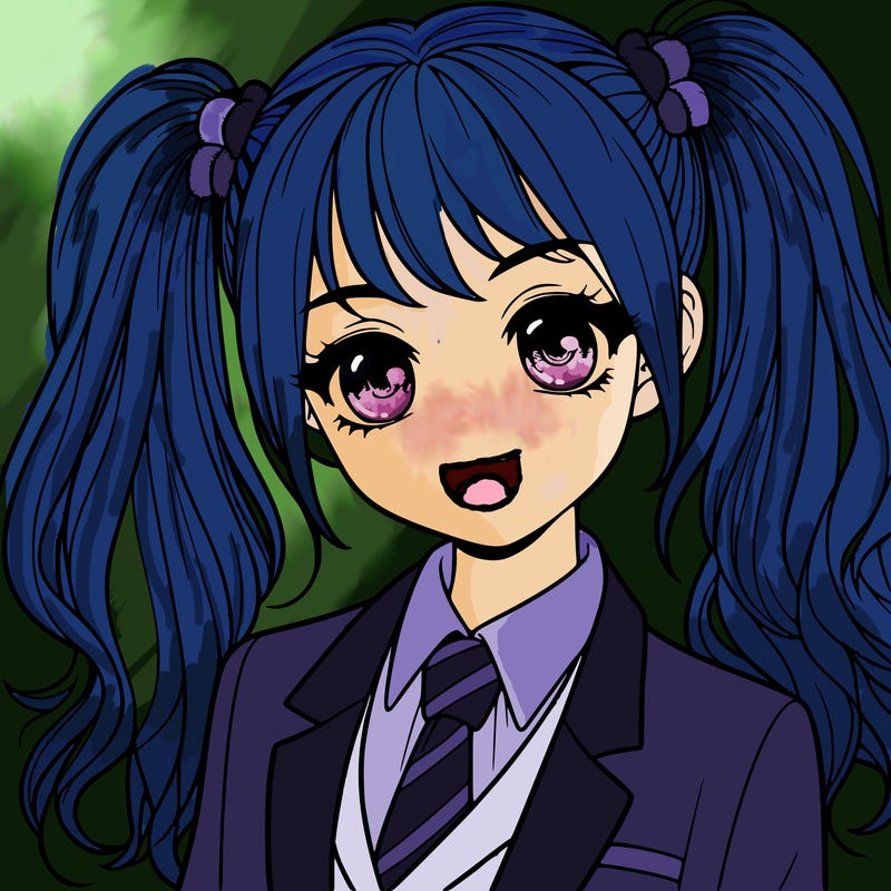 realistic girl with two ponytails and a suit on