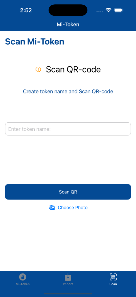 The scan QR code setup screen for the Mi-Token Authenticator app