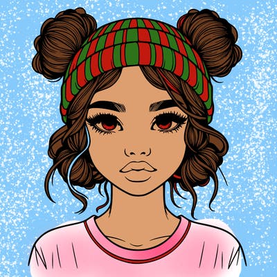 realistic girl with buns in her hair with a beanie on
