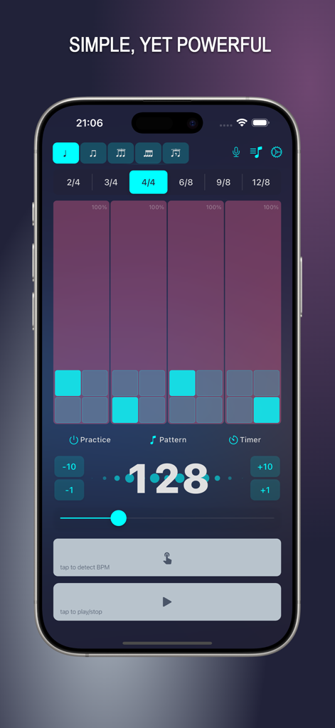Une interface d'application de métronome professionnelle affichant 128 BPM avec une signature rythmique personnalisée et des paramètres de visualisation du rythme.