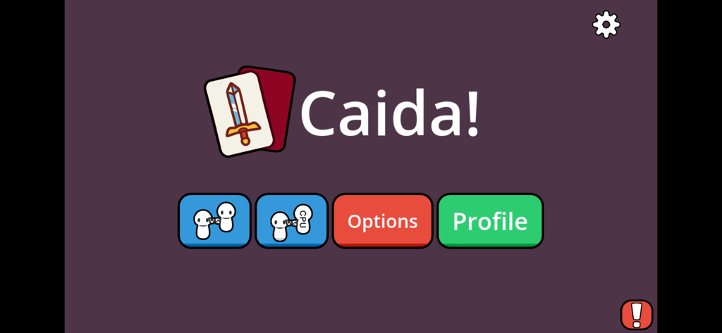 Pantalla del menú principal de la aplicación móvil Caída mostrando botones de selección de modo de juego y el logo con una carta de espada española.