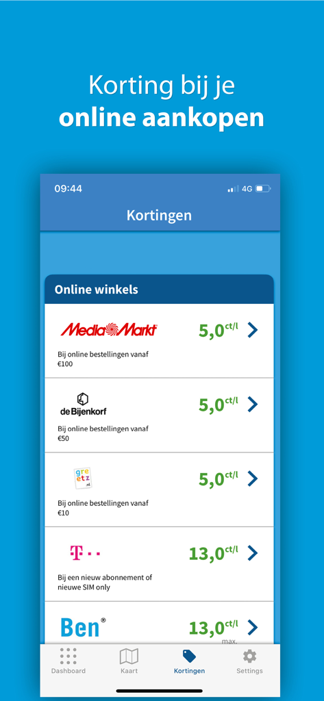 Tankey - Goedkoop tanken - The Tankey app screen showing a list of online shops where users can earn fuel discounts.
