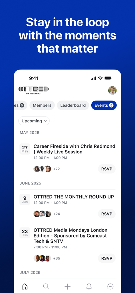 OTTRED - Pantalla de la aplicación OTTRED mostrando próximos eventos de la industria de medios y sesiones de networking profesional con botones de confirmación de asistencia.