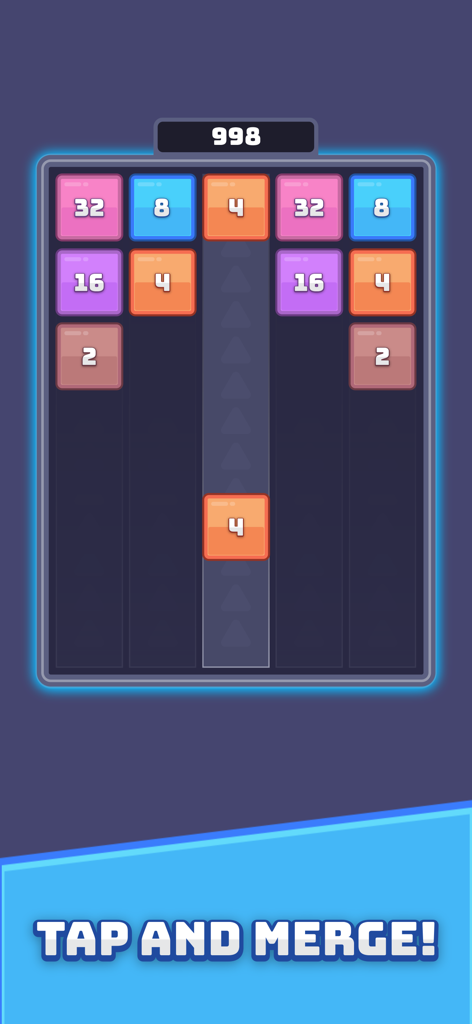 Merge Blast Number - Una captura de pantalla del juego Merge Blast Number mostrando bloques coloridos y un llamado a la acción "Toca y Fusiona".
