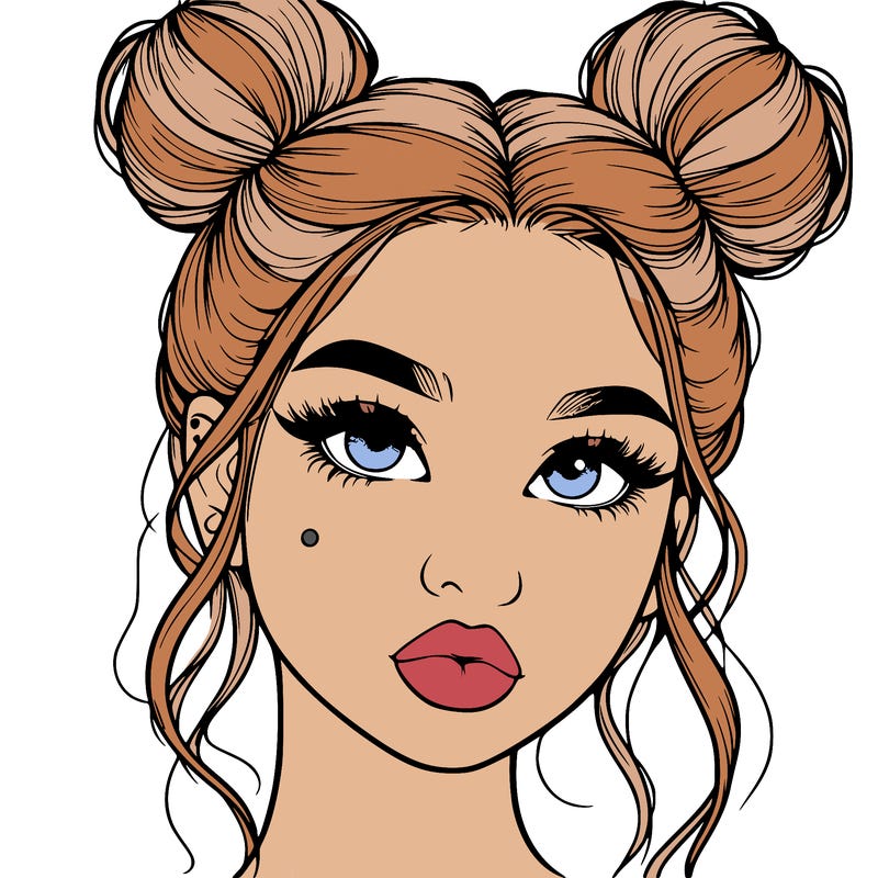 realistic girl with two buns on her hair and lips